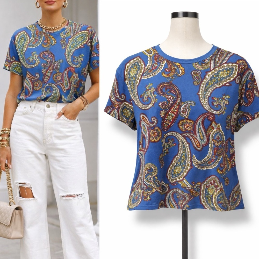 ZARA | NWOT Morocco 100% Cotton Blue Paisley Short-Sleeve Crewneck Top (size M)
